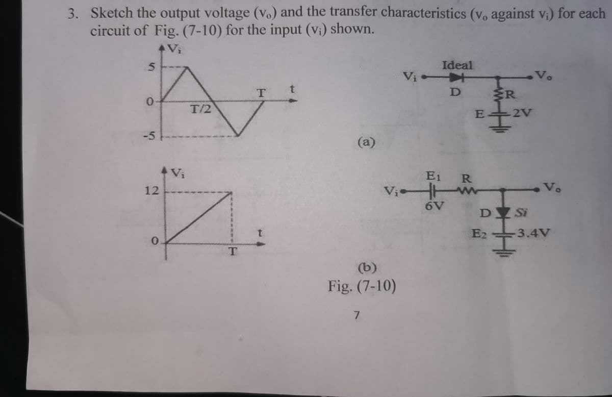 3. Sketch the output voltage (vo) and the transfer characteristics (v, against v;) for each
circuit of Fig. (7-10) for the input (v;) shown.
Vi
Ideal
Vo
T.
D
R
T/2
E-
2V
-5
(a)
Vi
E1 R
12
Vi
-Vo
6V
D Si
t.
E2
3.4V
T.
(b)
Fig. (7-10)
