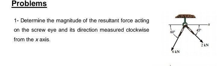 Problems
1- Determine the magnitude of the resultant force acting
on the screw eye and its direction measured clockwise
60
from the x axis.
2 kN
6 kN
