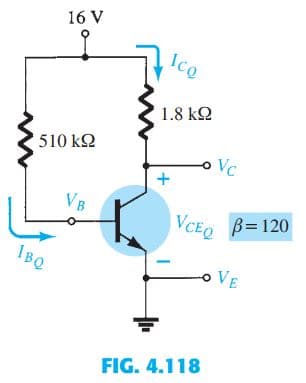 16 V
Ico
1.8 k2
510 kΩ
oVc
V
B
VCEQ
B= 120
IBQ
VE
FIG. 4.118
