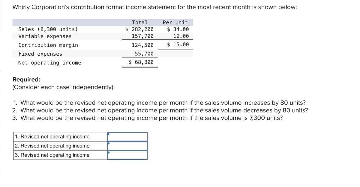 Whirly Corporation's contribution format income statement for the most recent month is shown below:
Per Unit
$34.00
19.00
$15.00
Sales (8,300 units)
Variable expenses
Contribution margin
Fixed expenses
Net operating income
Required:
(Consider each case independently):
Total
$ 282,200
157,700
124,500
55,700
$ 68,800
1. What would be the revised net operating income per month if the sales volume increases by 80 units?
2. What would be the revised net operating income per month if the sales volume decreases by 80 units?
3. What would be the revised net operating income per month if the sales volume is 7,300 units?
1. Revised net operating income
2. Revised net operating income
3. Revised net operating income