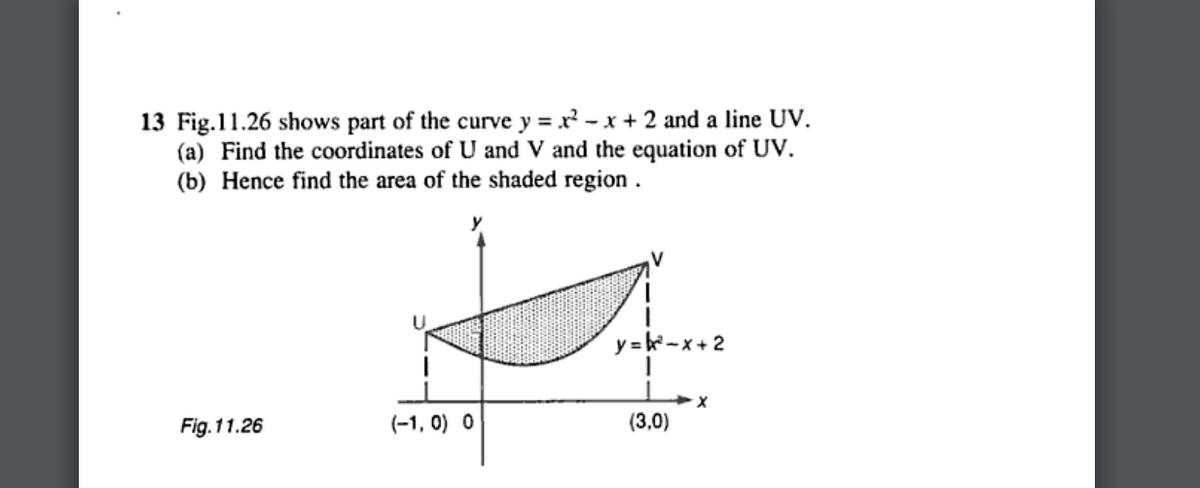 13 Fig.11.26 shows part of the curve y=x²-x+ 2 and a line UV.
(a) Find the coordinates of U and V and the equation of UV.
(b) Hence find the area of the shaded region.
Fig.11.26
(-1,0) 0
y=k³²-x+ 2
(3,0)