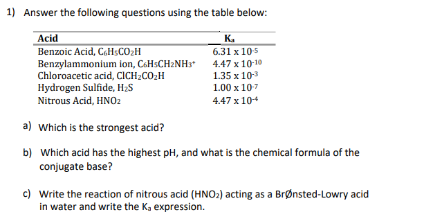 1) Answer the following questions using the table below:
Acid
Benzoic Acid, C6H5CO2H
Benzylammonium ion, C6HSCH2NH3*
Chloroacetic acid, CICH2CO2H
Hydrogen Sulfide, H2S
Ka
6.31 x 10-5
4.47 x 10-10
1.35 x 10-3
1.00 x 10-7
Nitrous Acid, HNO2
4.47 x 104
a) Which is the strongest acid?
b) Which acid has the highest pH, and what is the chemical formula of the
conjugate base?
c) Write the reaction of nitrous acid (HNO2) acting as a Brønsted-Lowry acid
in water and write the Ka expression.
