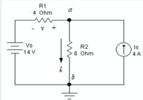 R1
a
4 Ohm
v +
Vs
14 V
R2
6 Ohm
Is
4 A
