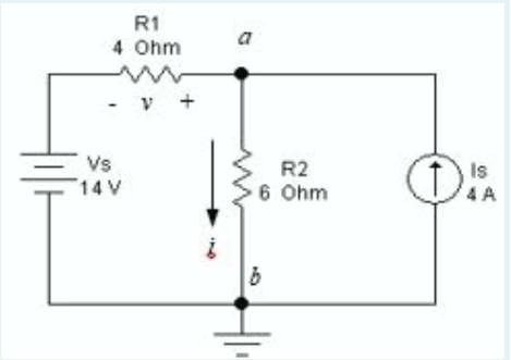 R1
a
4 Ohm
v +
Vs
14 V
R2
6 Ohm
Is
4 A
