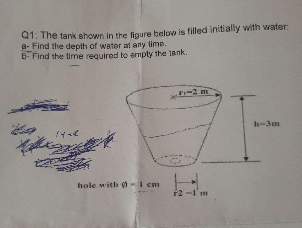 Q1: The tank shown in the figure below is filled initially with water:
a- Find the depth of water at any time.
b- Find the time required to empty the tank.
ri=2 m
h=3m
14-8
hole with Ø 1 em
r2-1m
