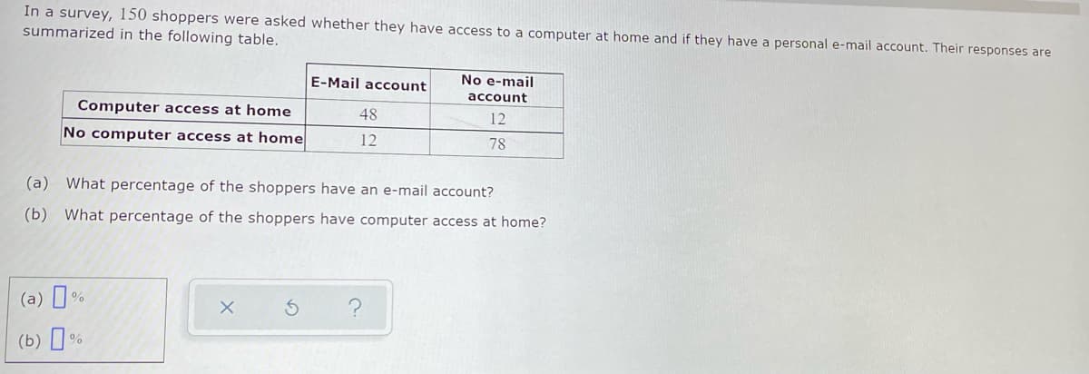 In a survey, 150 shoppers were asked whether they have access to a computer at home and if they have a personal e-mail account. Their responses are
summarized in the following table.
E-Mail account
No e-mail
account
Computer access at home
48
12
No computer access at home
12
78
(a) What percentage of the shoppers have an e-mail account?
(b) What percentage of the shoppers have computer access at home?
(a) I
(b) [ %
