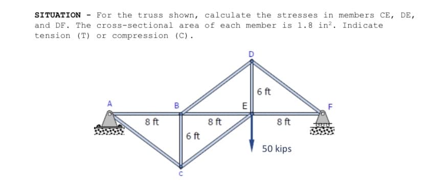 SITUATION - For the truss shown, calculate the stresses in members CE, DE,
and DF. The cross-sectional area of each member is 1.8 in². Indicate
tension (T) or compression (C).
A
8 ft
B
с
6 ft
8 ft
E
6 ft
8 ft
50 kips
F