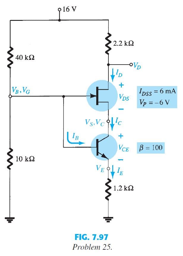 p16 V
2.2 k2
40 k2
OVD
VB,VG
IDss = 6 mA
VDS
Vp = -6 V
Vs.Vc c
IB
VCE B= 100
%3D
10 k2
VE IE
1,2 k2
FIG. 7.97
Problem 25.
