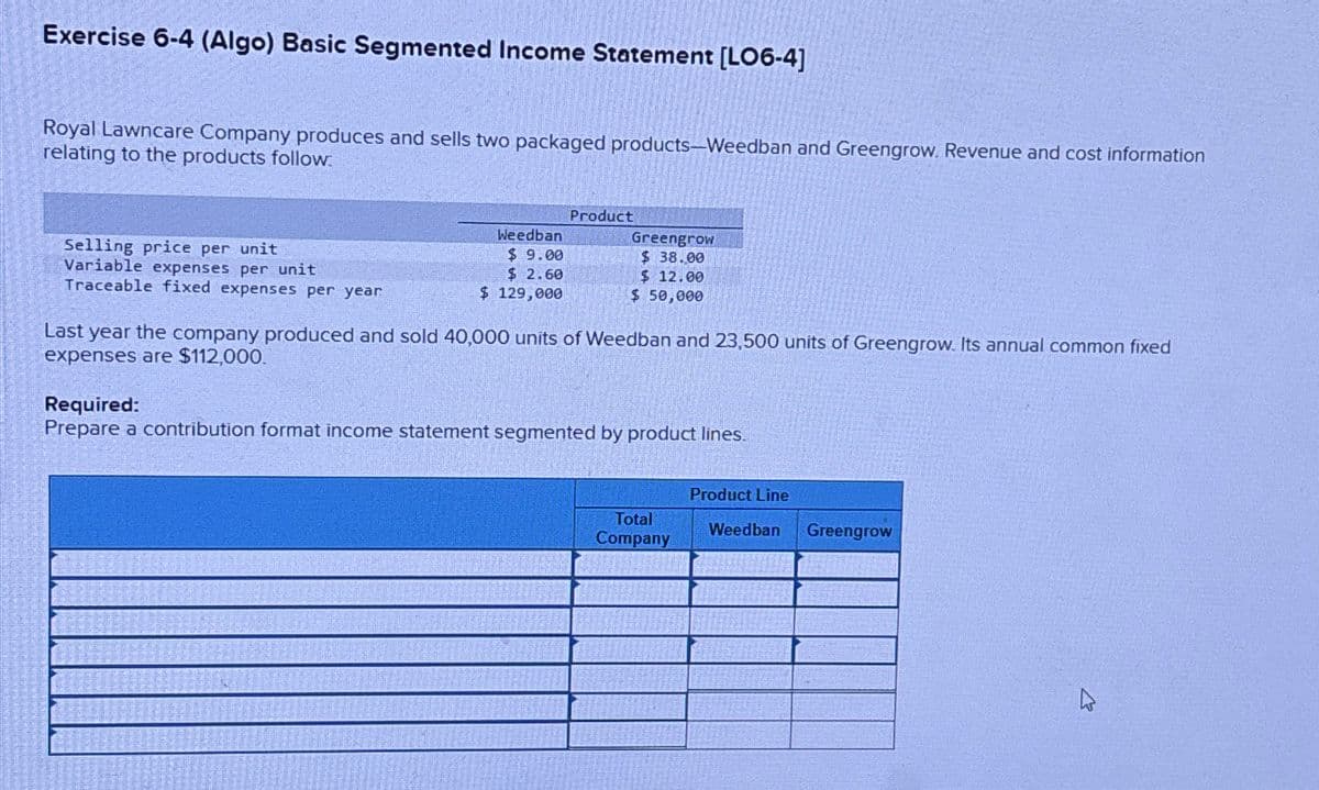 Exercise 6-4 (Algo) Basic Segmented Income Statement [LO6-4]
Royal Lawncare Company produces and sells two packaged products-Weedban and Greengrow. Revenue and cost information
relating to the products follow.
Selling price per unit
Variable expenses per unit
Traceable fixed expenses per year
Weedban
$9.00
$ 2.60
$ 129,000
Product
Greengrow
$38.00
$12.00
$50,000
Last year the company produced and sold 40,000 units of Weedban and 23,500 units of Greengrow. Its annual common fixed
expenses are $112,000.
Required:
Prepare a contribution format income statement segmented by product lines.
Total
Company
Product Line
Weedban
Greengrow