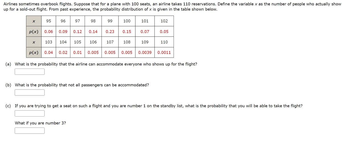 Airlines sometimes overbook flights. Suppose that for a plane with 100 seats, an airline takes 110 reservations. Define the variable x as the number of people who actually show
up for a sold-out flight. From past experience, the probability distribution of x is given in the table shown below.
X
95
96
97
98
99
What if you are number 3?
0.23
100
p(x) 0.06 0.09 0.12 0.14
x 103 104 105 106
p(x)
(a) What is the probability that the airline can accommodate everyone who shows up for the flight?
107
0.15
101
108
0.07
109
102
(b) What is the probability that not all passengers can be accommodated?
0.05
0.04 0.02 0.01 0.005 0.005 0.005 0.0039 0.0011
110
(c) If you are trying to get a seat on such a flight and you are number 1 on the standby list, what is the probability that you will be able to take the flight?