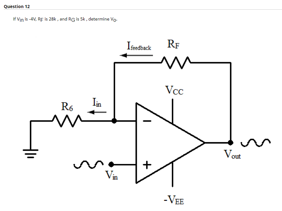 Question 12
If Vin is -4V, RF is 28k , and RG is 5k , determine Vo.
Ifeedback RF
Vcc
Iin
R6
Vout
Vin
-VEE
