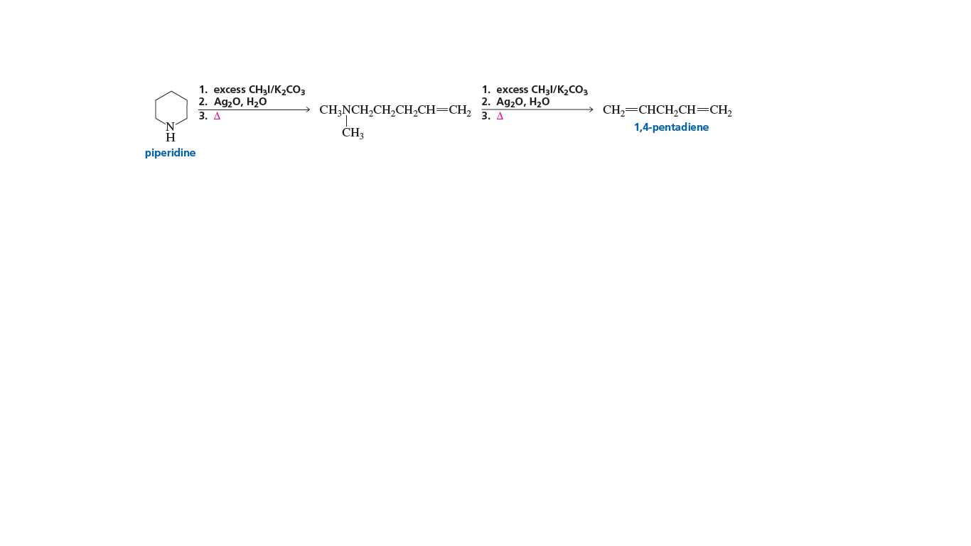 1. еxcess CHa/K,COОЗ
2. Ag20, H20
3. Д
1. еxcess CH3|K,CОЗ
2. Ag20, H20
3. А
CH;NCH,CH,CH,CH=CH,
CH,=CHCH,CH=CH,
1,4-рentadiene
ČH3
piperidine
