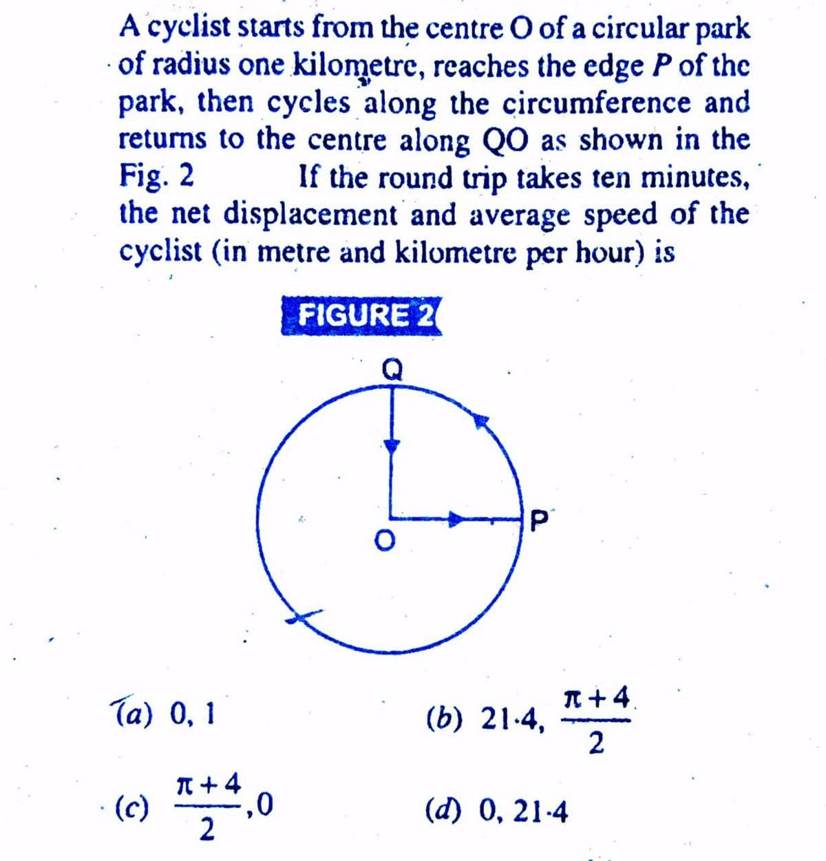 A cyclist starts from the centre O of a circular park
· of radius one kilometre, reaches the edge P of the
park, then cycles along the circumference and
returns to the centre along QO as shown in the
Fig. 2
the net displacement and average speed of the
cyclist (in metre and kilometre per hour) is
If the round trip takes ten minutes,
FIGURE 2
IP
Ta) 0, 1
(b) 21.4,
n +4.
T+4
,0
2
(c)
(d) 0, 21-4
