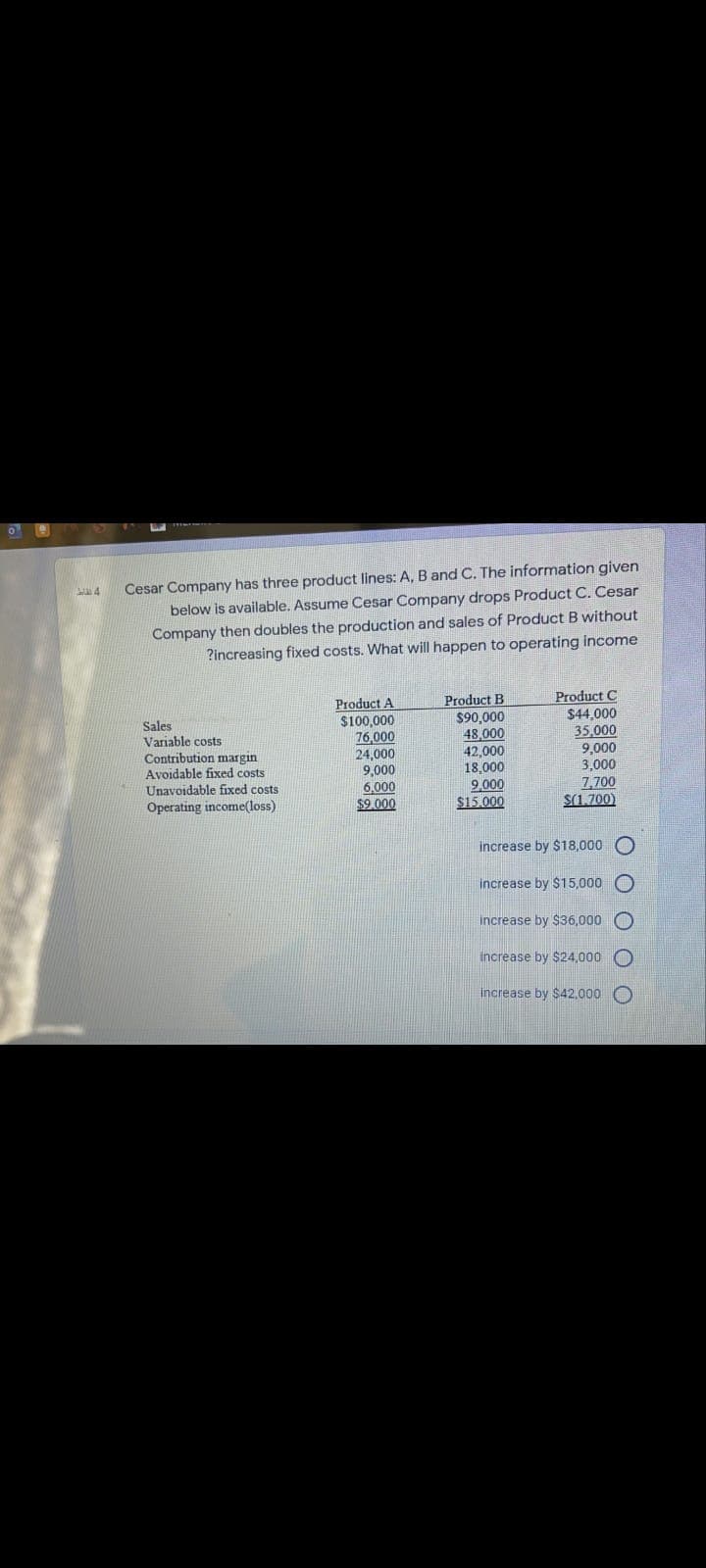 Cesar Company has three product lines: A, B and C. The information given
below is available. Assume Cesar Company drops Product C. Cesar
Company then doubles the production and sales of Product B without
?increasing fixed costs. What will happen to operating income
Product C
Product A
$100,000
76,000
24,000
9,000
6,000
$9.000
Product B
$90,000
48,000
42,000
18,000
9,000
$15.000
$44,000
35,000
9,000
3,000
7,700
S(1.700)
Sales
Variable costs
Contribution margin
Avoidable fixed costs
Unavoidable fixed costs
Operating income(loss)
increase by $18,000
increase by $15,000
increase by $36,000
increase by $24,000
increase by $42,000 O
O O O O
