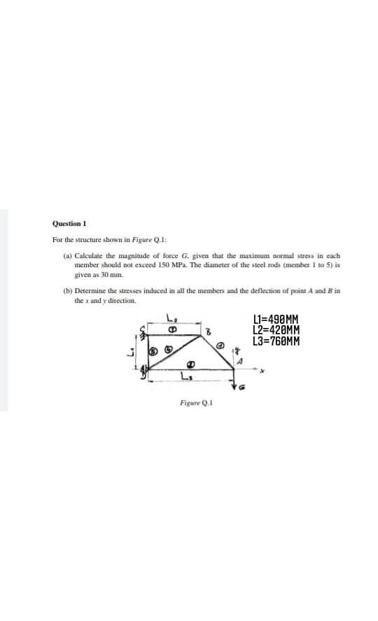 Question 1
For the structure shown in Figure Q.1:
(a) Calculate the magnitude of force G, given that the maximum normal stress in each
member should not exceed 150 MPa. The diameter of the steel rods (member 1 to 5) is
given as 30 mm.
(b) Determine the stresses induced in all the members and the deflection of point A and B in
the x and y direction.
L1=490MM
L2=420MM
L3=760MM
Figure Q.1
