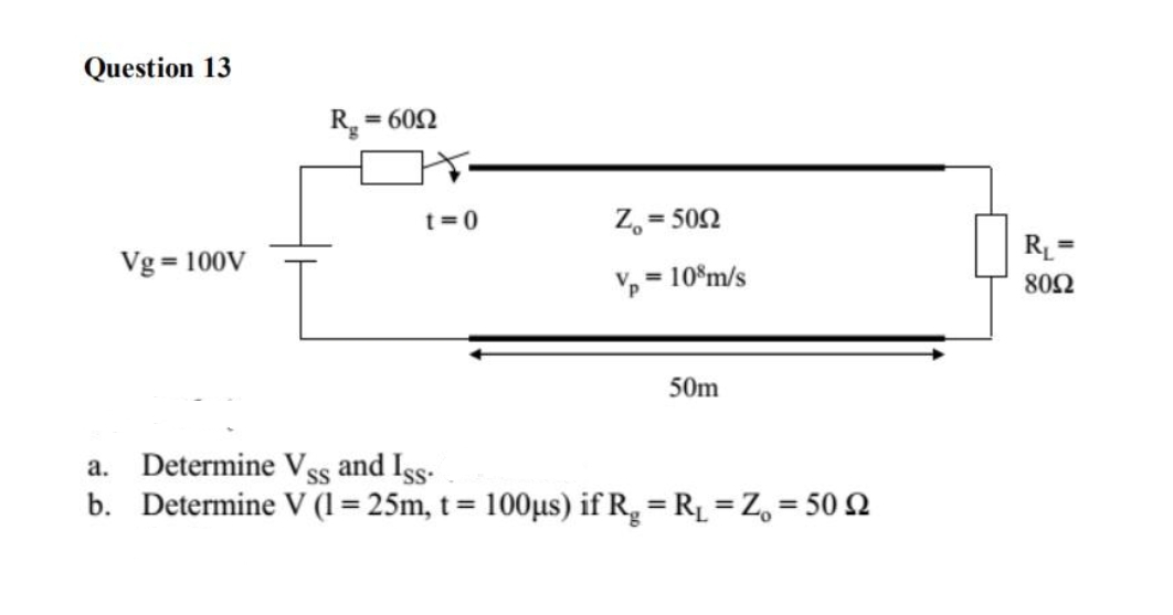 Question 13
R.
= 602
t=0
Z, = 502
%3D
R =
Vg = 100V
10$m/s
%3D
802
50m
Determine Vss and Iss-
b. Determine V (1 = 25m, t = 100µs) if R, = RL = Z, = 50 Q
a.
S
