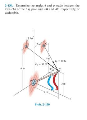 2-130. Determine the angles e and o made between the
axes OA of the flag pole and AB and AC, respectively, of
each cable.
15m
2 m
4 m
- 40N
F- 55 N
6 m
3 m
Prob. 2-130
