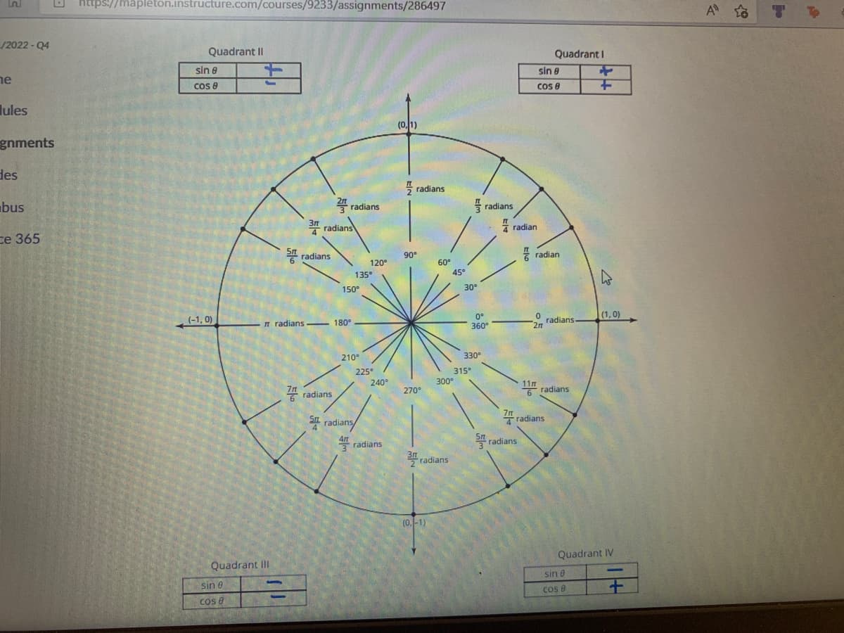 https://mapleton.instructure.com/courses/9233/assignments/286497
A o
To
/2022 - Q4
Quadrant II
Quadrant I
sin e
sin 8
ne
Cos e
cos e
lules
(0.1)
gnments
des
radians
bus
쓸 radians
5 radians
S" radians
3m
4 radian
ce 365
radians
90°
* radian
120°
60°
135
45°
150°
30°
(1,0)
(-1, 0)
n radians - 180
0°
360
O radians
2m
210°
330°
225
240°
315
300°
11m
A radians
270°
radians
7n
" radians
S radians
4n
radians
Sn
radians
3m
2 radians
(0,-1)
Quadrant IV
Quadrant II
-
sin 0
sin 0
Cos 8
COs 8
