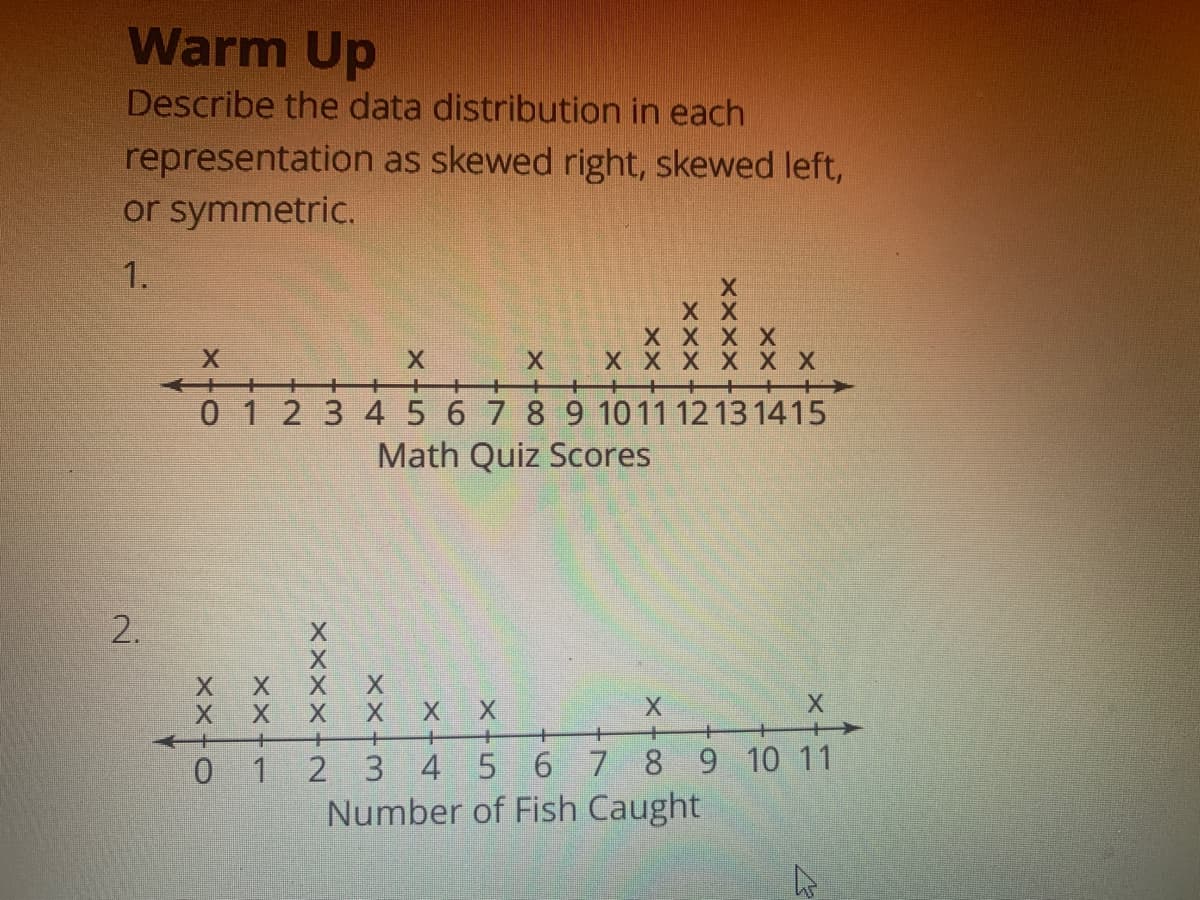 Warm Up
Describe the data distribution in each
representation as skewed right, skewed left,
or symmetric.
1.
X X
++
01 23 45 67 89 1011 1213 1415
Math Quiz Scores
2.
X X
X X
+
+ +>
2 3 4 5 6 7 8 9 10 11
Number of Fish Caught
0 1
XXxX
