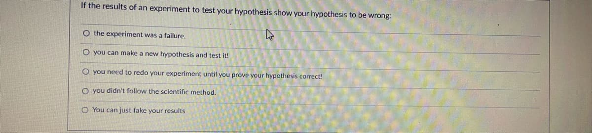 If the results of an experiment to test your hypothesis show your hypothesis to be wrong:
O the experiment was a failure.
O you can make a new hypothesis and test it!
O you need to redo your experiment until you prove your hypothesis correct!
O you didn't follow the scientific method.
O You can just fake your results
