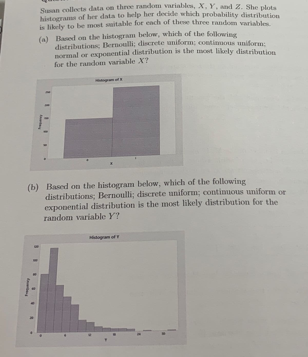 Frequency
120
100
Susan collects data on three random variables, X, Y, and Z. She plots
histograms of her data to help her decide which probability distribution
is likely to be most suitable for each of these three random variables.
(a) Based on the histogram below, which of the following
distributions; Bernoulli; discrete uniform; continuous uniform:
normal or exponential distribution is the most likely distribution
for the random variable X?
8
8
8
9
Frequency
(b) Based on the histogram below, which of the following
distributions; Bernoulli; discrete uniform; continuous uniform or
exponential distribution is the most likely distribution for the
random variable Y?
250
200
150
8
Histogram of X
X
12
Histogram of Y
a