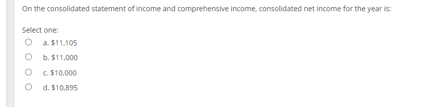 On the consolidated statement of income and comprehensive income, consolidated net income for the year is:
Select one:
O
O
a. $11,105
b. $11,000
c. $10,000
d. $10,895