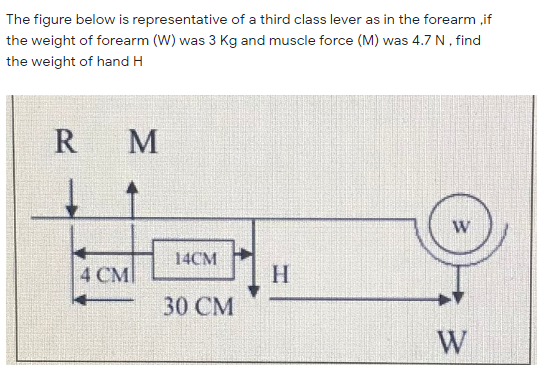 The figure below is representative of a third class lever as in the forearm if
the weight of forearm (W) was 3 Kg and muscle force (M) was 4.7 N, find
the weight of hand H
R
M
14CM
4 CM
H.
30 CM
W
