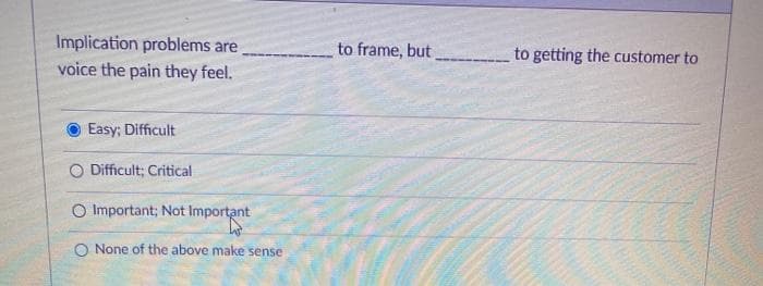 Implication problems are
to frame, but
to getting the customer to
voice the pain they feel.
Easy; Difficult
O Difficult; Critical
O Important; Not Important
O None of the above make sense
