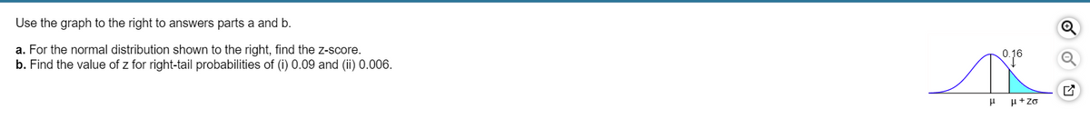 Use the graph to the right to answers parts a and b.
a. For the normal distribution shown to the right, find the z-score.
b. Find the value of z for right-tail probabilities of (i) 0.09 and (ii) 0.006.
μ μ+Zo