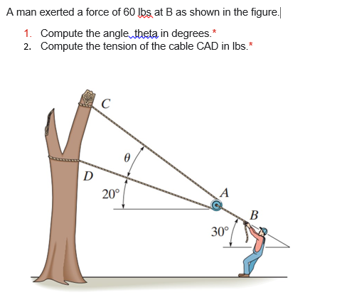 A man exerted a force of 60 lbs at B as shown in the figure.
1. Compute the angle, theta in degrees.*
2. Compute the tension of the cable CAD in lbs.*
D
C
20°
0
30°
B