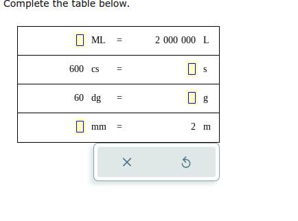 Complete the table below.
ML =
600 cs =
60 dg
mm
=
=
X
2 000 000 L
S
0 g
Ś
2 m