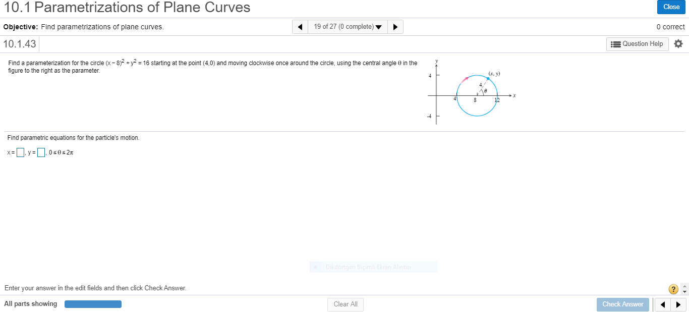 gure to the right as the parameter.
(x, y)
12
ind parametric equations for the particle's motion.
=0. y =D, 0s0s2x
