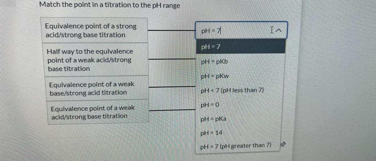 Match the point in a titration to the pH range
Equivalence point of a strong
acid/strong base titration
pH = 7
I^
pH = 7
Half way to the equivalence
point of a weak acid/strong
base titration
pH = pKb
pH = pKw
Equivalence point of a weak
base/strong acid titration
pH < 7 (pH less than 7)
pH = 0
Equivalence point of a weak
acid/strong base titration
pH = pKa
pH = 14
pH > 7 (pH greater than 7)
