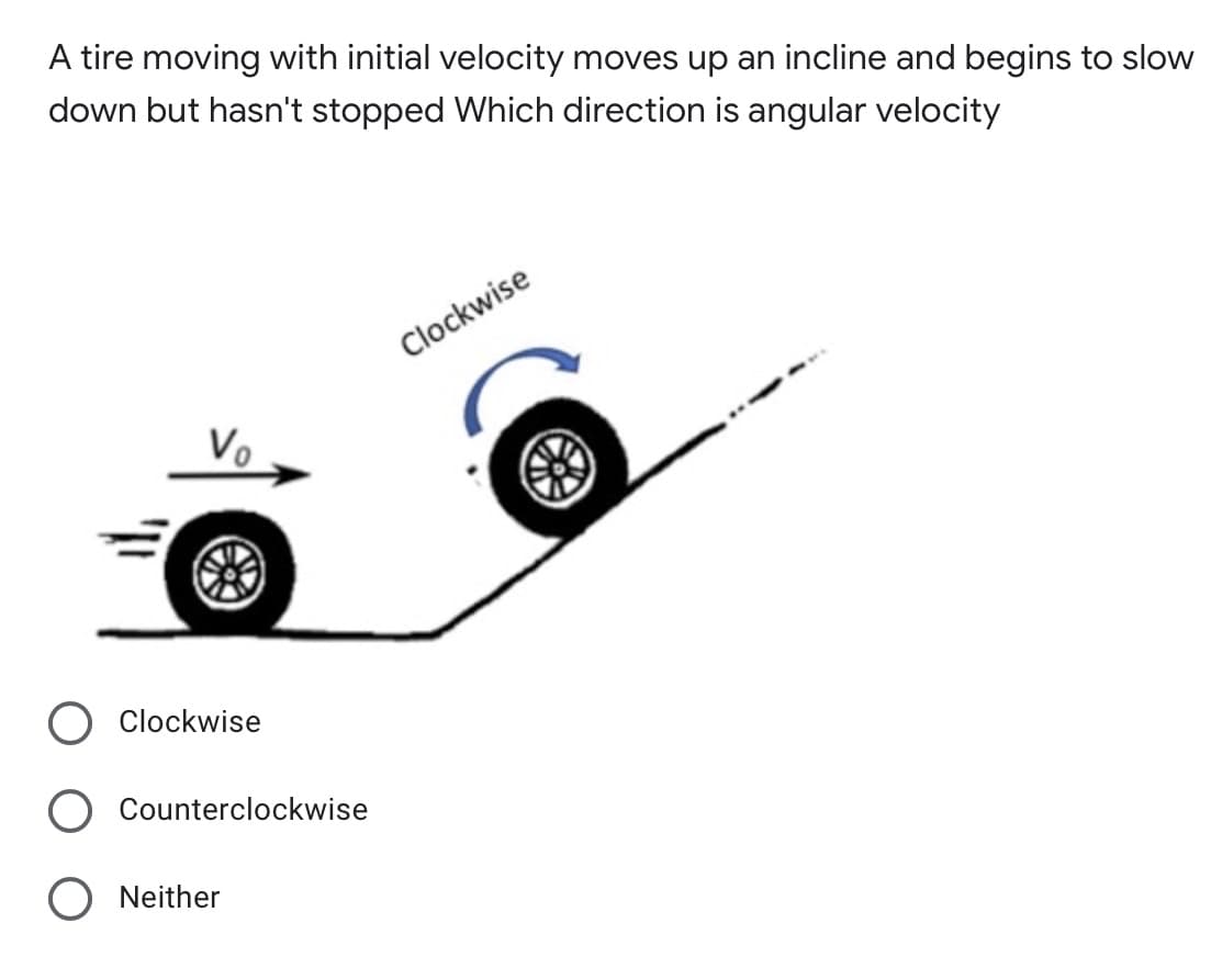 A tire moving with initial velocity moves up an incline and begins to slow
down but hasn't stopped Which direction is angular velocity
Clockwise
Vo
Clockwise
Counterclockwise
O Neither
