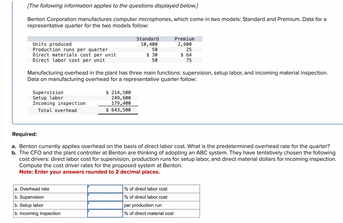 [The following information applies to the questions displayed below.]
Benton Corporation manufactures computer microphones, which come in two models: Standard and Premium. Data for a
representative quarter for the two models follow:
Units produced
Production runs per quarter
Direct materials cost per unit
Direct labor cost per unit
Supervision
Setup labor
Incoming inspection
Total overhead
Manufacturing overhead in the plant has three main functions: supervision, setup labor, and incoming material inspection.
Data on manufacturing overhead for a representative quarter follow:
Standard
10,400
50
$ 30
50
$ 214,500
249,600
179,400
$ 643,500
a. Overhead rate
b. Supervision
b. Setup labor
b. Incoming inspection
Premium
2,600
25
$ 64
75
Required:
a. Benton currently applies overhead on the basis of direct labor cost. What is the predetermined overhead rate for the quarter?
b. The CFO and the plant controller at Benton are thinking of adopting an ABC system. They have tentatively chosen the following
cost drivers: direct labor cost for supervision, production runs for setup labor, and direct material dollars for incoming inspection.
Compute the cost driver rates for the proposed system at Benton.
Note: Enter your answers rounded to 2 decimal places.
% of direct labor cost
% of direct labor cost
per production run
% of direct material cost