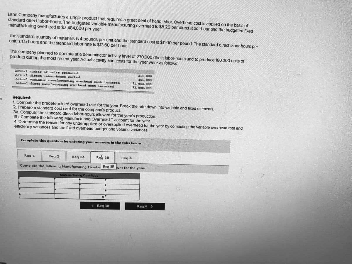 Lane Company manufactures a single product that requires a great deal of hand labor. Overhead cost Is applled on the basis of
standard direct labor-hours. The budgeted varlable manufacturing overhead Is $5.20 per direct labor-hour and the budgeted fixed
manufacturing overhead Is $2,484,000 per year.
The standard quantity of materlals Is 4 pounds per unit and the standard cost Is $11.00 per pound. The standard direct labor-hours per
unit Is 1.5 hours and the standard labor rate Is $13.60 per hour.
The company planned to operate at a denomInator activity level of 270,000 direct labor-hours and to produce 180,000 unlts of
product during the most recent year. Actual activity and costs for the year were as follows:
Actual number of units produced
216,000
351,000
$1,053,000
$2,808,000
Actual £ixed manuf=cturing overhead cost incurred
Required:
1. Compute the predetermined overhead rate for the year. Break the rate down Into varlable and fixed elements.
2 Prepare a standard cost card for the company's product.
3a. Compute the standard direct labor-hours allowed for the year's production.
3b. Complete the following Manufacturing Overhead T-account for the year.
4. Determine the reason for any underapplled or overapplled overhead for the year by computing the varlable overhead rate and
efficlency varlances and the fixed overhead budget and volume varlances.
Complete this question by entering your answers in the tabs below.
Req 1
Req 2
Req 3A
Reb 38
Req 4
Complete the following Manufacturing Overhe Req 3B unt for the year.
Manufacturing Overhead
< Req 3A
Req 4 >
