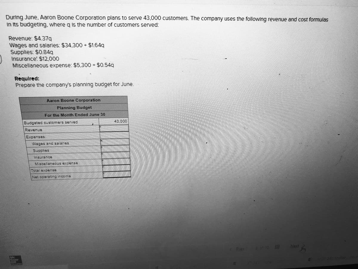 During June, Aaron Boone Corporation plans to serve 43,000 customers. The company uses the following revenue and cost formulas
In Its budgeting, where q ts the number of customers served:
Revenue: $4.37q
Wages and salarles: $34,300 + $1.64q
Supplies: $0.84q
Insurance $12,000
Miscellaneous expense: $5,300 $0.54q
Requlred:
Prepare the company's planning budget for June.
Aaron Boone Corporation
Planning Budget.
For the Month Ended June 30
43,000
Revenue
Expenses:
Wages and salaries
Supplies
Insurance
Miscellaneous experEe
Total expense
Next
Prey
210
MGT 240 Midter dock
