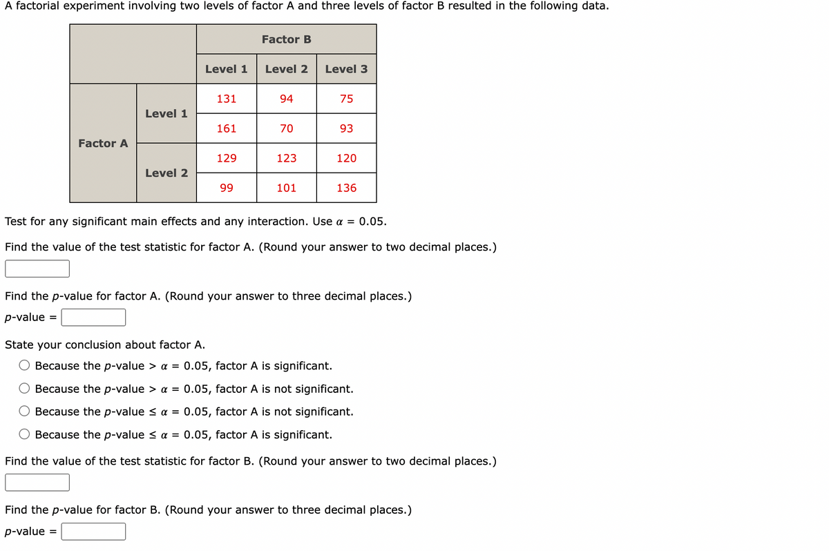 A factorial experiment involving two levels of factor A and three levels of factor B resulted in the following data.
Factor A
Level 1
Level 2
Level 1
State your conclusion about factor A.
=
131
161
129
99
Factor B
Level 2
94
70
123
101
Level 3
75
93
120
Test for any significant main effects and any interaction. Use α = 0.05.
Find the value of the test statistic for factor A. (Round your answer to two decimal places.)
136
Find the p-value for factor A. (Round your answer to three decimal places.)
p-value =
Because the p-value > a = 0.05, factor A is significant.
Because the p-value > α = 0.05, factor A is not significant.
Because the p-value ≤ α = 0.05, factor A is not significant.
Because the p-value < α = 0.05, factor A is significant.
Find the value of the test statistic for factor B. (Round your answer to two decimal places.)
Find the p-value for factor B. (Round your answer to three decimal places.)
p-value