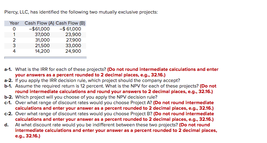 Piercy, LLC, has identified the following two mutually exclusive projects:
Year Cash Flow (A) Cash Flow (B)
-$61,000
37,000
31,000
21,500
14,200
-$ 61,000
23,900
27,900
33,000
24,900
1
3
4
a-1. What is the IRR for each of these projects? (Do not round intermediate calculations and enter
your answers as a percent rounded to 2 decimal places, e.g., 32.16.)
a-2. If you apply the IRR decision rule, which project should the company accept?
b-1. Assume the required return is 12 percent. What is the NPV for each of these projects? (Do not
round intermediate calculations and round your answers to 2 decimal places, e.g., 32.16.)
b-2. Which project will you choose of you apply the NPV decision rule?
c-1. Over what range of discount rates would you choose Project A? (Do not round intermediate
calculations and enter your answer as a percent rounded to 2 decimal places, e.g., 32.16.)
c-2. Over what range of discount rates would you choose Project B? (Do not round intermediate
calculations and enter your answer as a percent rounded to 2 decimal places, e.g., 32.16.)
d.
At what discount rate would you be indifferent between these two projects? (Do not round
intermediate calculations and enter your answer as a percent rounded to 2 decimal places,
e.g., 32.16.)
