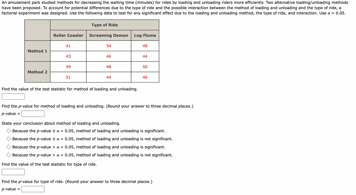 An amusement park studied methods for decreasing the waiting time (minutes) for rides by loading and unloading riders more efficiently. Two alternative loading/unloading methods
have been proposed. To account for potential differences due to the type of ride and the possible interaction between the method of loading and unloading and the type of ride, a
factorial experiment was designed. Use the following data to test for any significant effect due to the loading and unloading method, the type of ride, and interaction. Use a = 0.05.
Method 1
Method 2
Roller Coaster
41
43
49
51
Type of Ride
Screaming Demon
54
46
48
44
Log Flume
Find the value of the test statistic for method of loading and unloading.
48
44
50
46
Find the p-value for method of loading and unloading. (Round your answer to three decimal places.)
p-value =
State your conclusion about method of loading and unloading.
Because the p-value ≤ α = 0.05, method of loading and unloading is significant.
Because the p-value ≤ α = 0.05, method of loading and unloading is not significant.
Because the p-value > a = 0.05, method of loading and unloading is significant.
Because the p-value > α = 0.05, method of loading and unloading is not significant.
Find the value of the test statistic for type of ride.
Find the p-value for type of ride. (Round your answer to three decimal places.)
p-value =