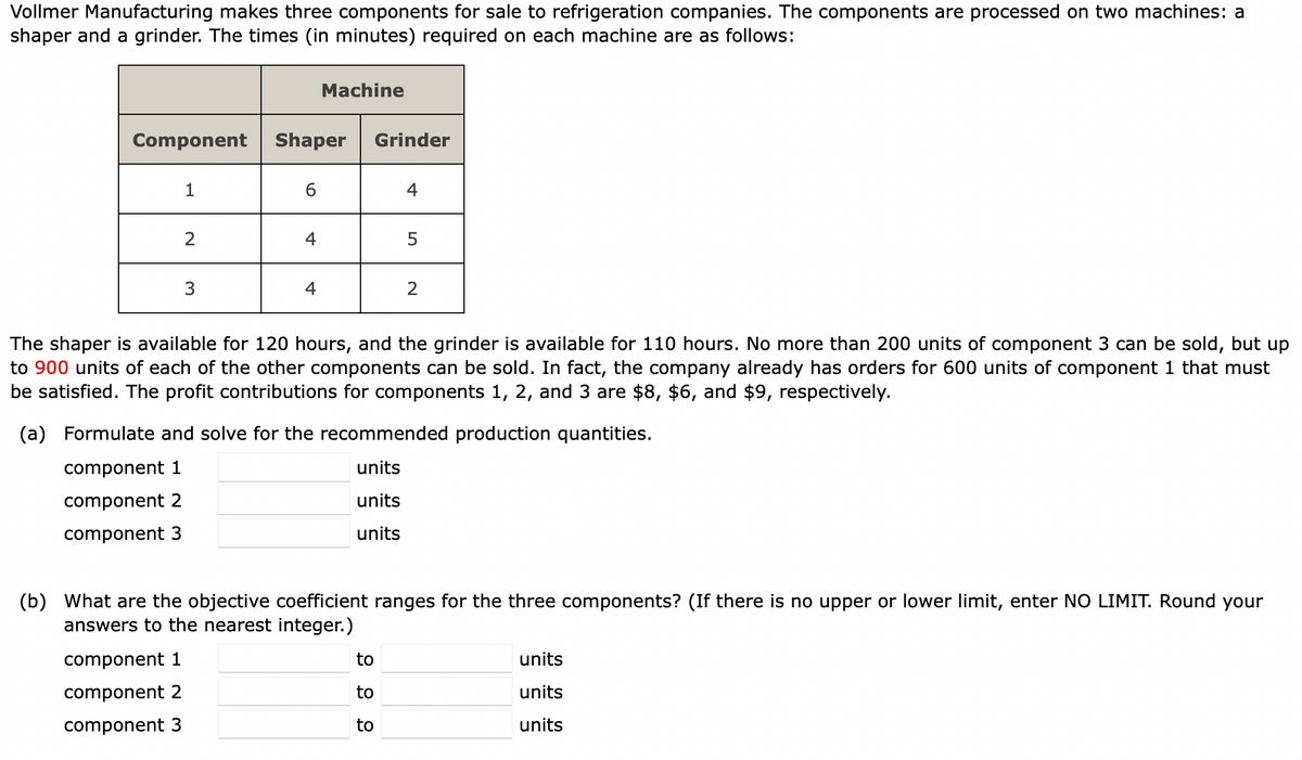 Vollmer Manufacturing makes three components for sale to refrigeration companies. The components are processed on two machines: a
shaper and a grinder. The times (in minutes) required on each machine are as follows:
Component Shaper
1
2
3
6
4
Machine
4
Grinder
4
LO
5
to
to
to
2
The shaper is available for 120 hours, and the grinder is available for 110 hours. No more than 200 units of component 3 can be sold, but up
to 900 units of each of the other components can be sold. In fact, the company already has orders for 600 units of component 1 that must
be satisfied. The profit contributions for components 1, 2, and 3 are $8, $6, and $9, respectively.
(a) Formulate and solve for the recommended production quantities.
component 1
units
component 2
units
component 3
units
(b) What are the objective coefficient ranges for the three components? (If there is no upper or lower limit, enter NO LIMIT. Round your
answers to the nearest integer.)
component 1
component 2
component 3
units
units
units