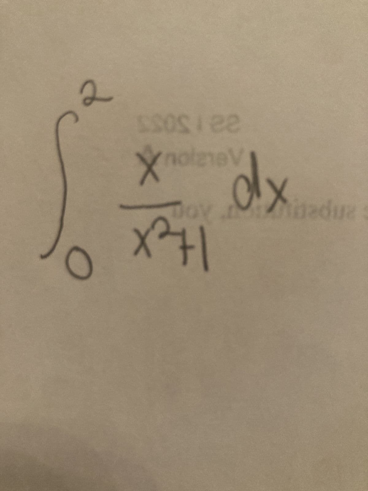 This content represents a definite integral problem involving rational functions. The integral to be evaluated is:

\[ \int_{0}^{2} \frac{x}{x^2 + 1} \, dx \]

Where:
- The integral sign \(\int\) indicates that we are finding the integral over a given interval.
- The limits of integration are provided by the numbers 0 and 2, which means we are integrating the function from \(x = 0\) to \(x = 2\).
- The integrand, \(\frac{x}{x^2 + 1}\), is the function we want to integrate.
- \(dx\) indicates with respect to which variable we are integrating, in this case, \(x\).

For educational purposes, you might want to point out typical methods for solving such integrals, such as substitution or recognizing it as a standard form integral, and explaining any relevant strategies to students.