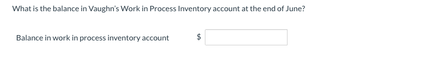 What is the balance in Vaughn's Work in Process Inventory account at the end of June?
Balance in work in process inventory account
$
%24
