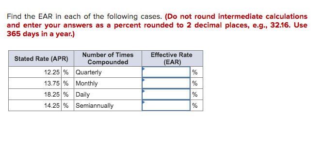 Find the EAR in each of the following cases. (Do not round intermediate calculations
and enter your answers as a percent rounded to 2 decimal places, e.g., 32.16. Use
365 days in a year.)
Number of Times
Compounded
Effective Rate
(EAR)
%
%
Stated Rate (APR)
12.25 % Quarterly
13.75 % Monthly
18.25 % Daily
14.25 % Semiannually
%
%
