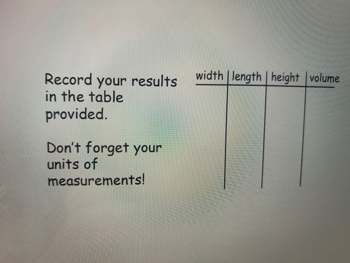 width | length | height |volume
Record
in the table
provided.
your results
Don't forget your
units of
measurements!
