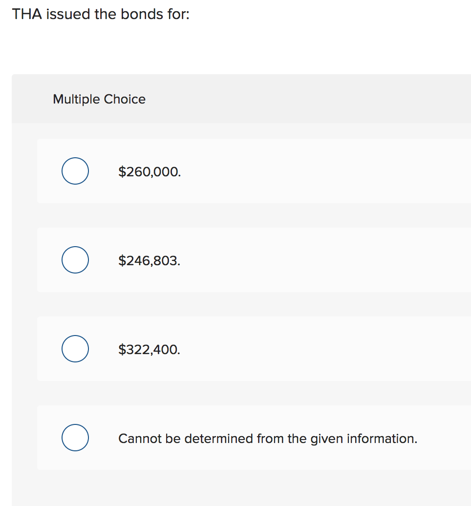 THA issued the bonds for:
Multiple Choice
$260,000
$246,803.
$322,400
Cannot be determined from the given information.
