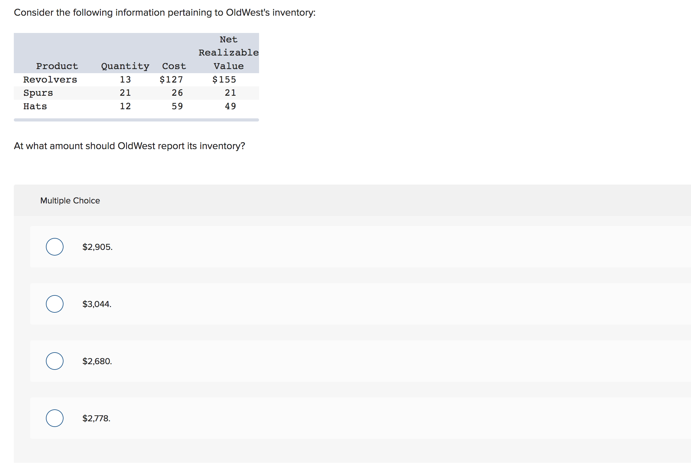 Consider the following information pertaining to OldWest's inventory:
Net
Realizable
Quantity
Product
Value
Cost
$127
$155
13
Revolvers
21
26
21
Spurs
12
59
49
Hats
At what amount should OldWest report its inventory?
Multiple Choice
$2,905
$3,044.
$2,680.
$2,778.
