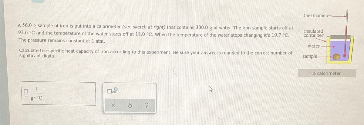 thermometer
A 56.0 g sample of iron is put into a calorimeter (see sketch at right) that contains 300.0 g of water. The iron sample starts off at
92.6 °C and the temperature of the water starts off at 18.0 °C. When the temperature of the water stops changing it's 19.7 °C.
insulated
container
The pressure remains constant at 1 atm.
water
Calculate the specific heat capacity of iron according to this experiment. Be sure your answer is rounded to the correct number of
significant digits.
sample
a calorimeter
g°C
