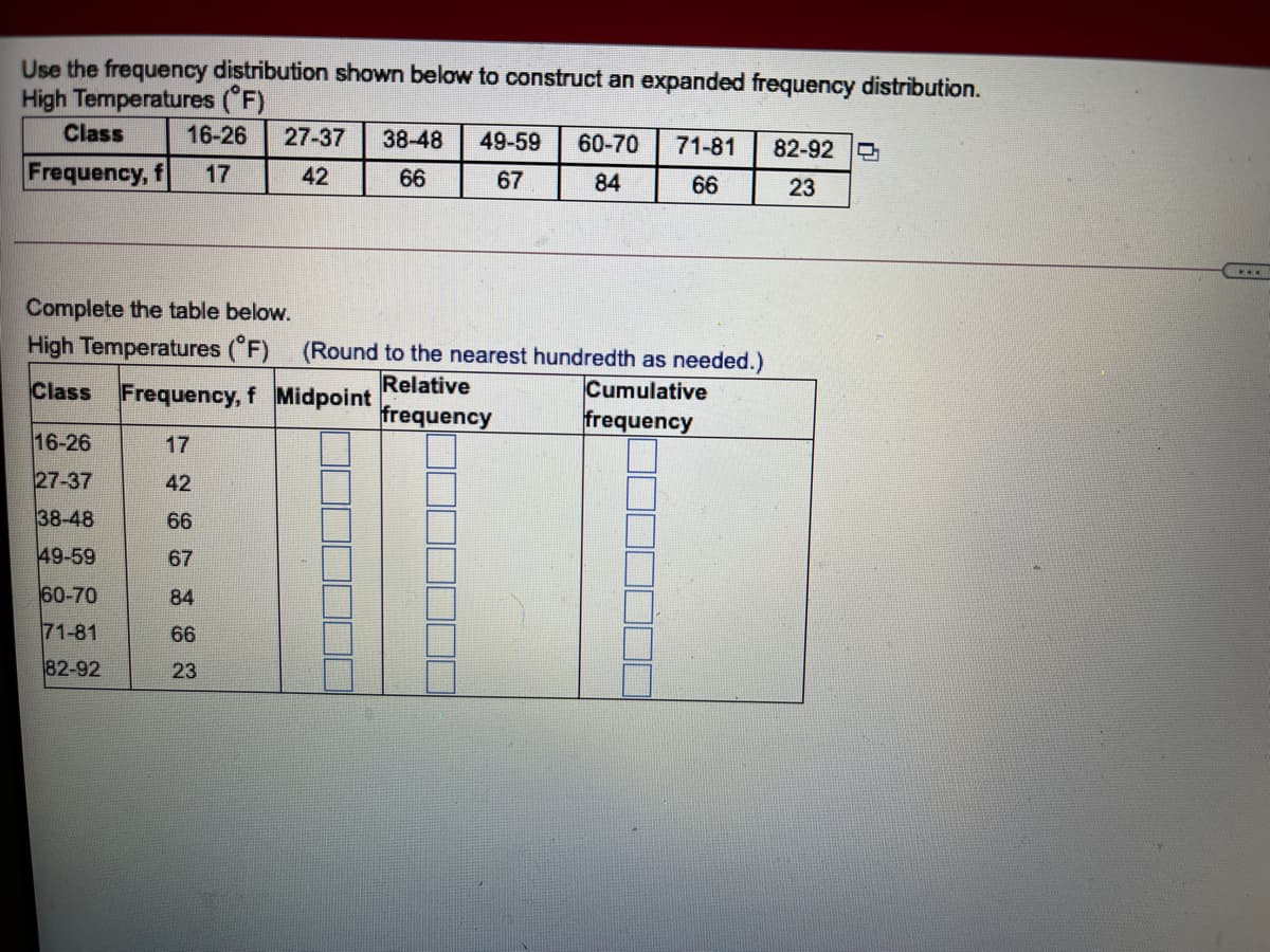 Use the frequency distribution shown below to construct an expanded frequency distribution.
High Temperatures (F)
Class
16-26
27-37
38-48
49-59
60-70
71-81
82-92
Frequency, f
17
42
66
67
84
66
23
....
Complete the table below.
High Temperatures ("F) (Round to the nearest hundredth as needed.)
Relative
frequency
Class Frequency, f Midpoint
Cumulative
frequency
16-26
17
27-37
42
38-48
66
49-59
67
60-70
84
71-81
66
82-92
23
