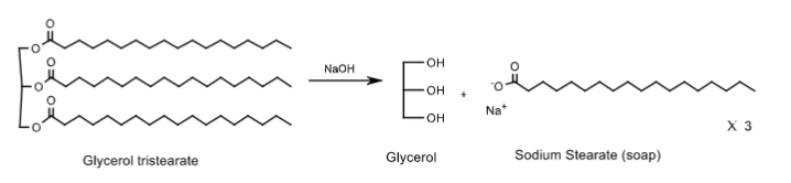 E-
NaOH
он
Na
OH
X 3
Glycerol tristearate
Glycerol
Sodium Stearate (soap)
